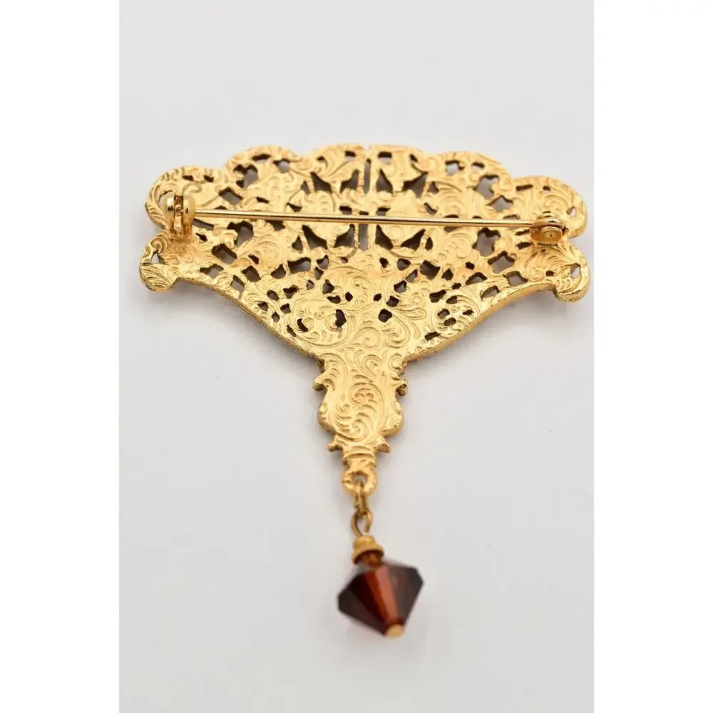 1928 Vintage Brooch Pin Fan Amber Dangle Rhinestone Crystal Gold Tone 80s BinBG